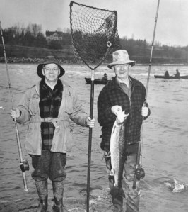 Horace Bond (left) and Harry Colburn (right) with the 1951 Presidential Salmon. Bangor Daily News photo, courtesy Ed Baum